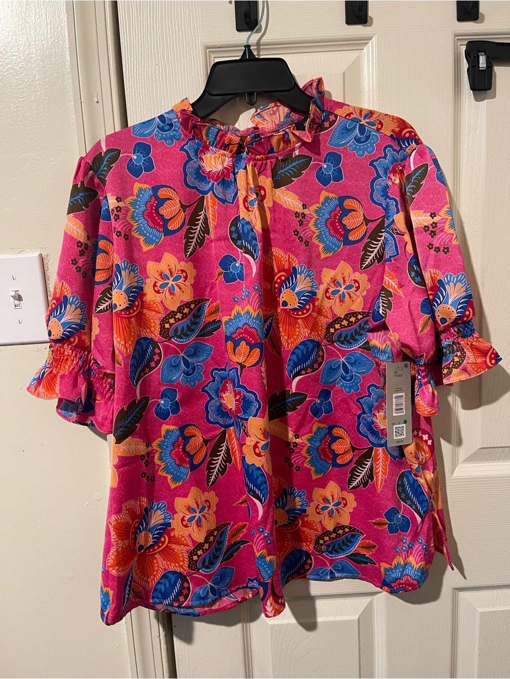Ali Miles Bright Pink Floral Ruffle-Neck Blouse with Blue & Orange Accents
